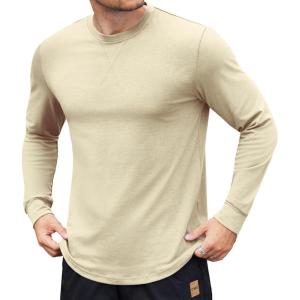imageCOOFANDY Mens Cotton Hipster Hip Hop Longline Crewneck T Shirts Casual Long Sleeve Tees Curved Hem Gym ShirtsOne Piece Light Khaki