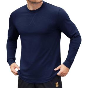 imageCOOFANDY Mens Cotton Hipster Hip Hop Longline Crewneck T Shirts Casual Long Sleeve Tees Curved Hem Gym ShirtsOne Piece Navy Blue