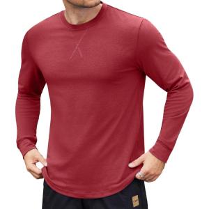 imageCOOFANDY Mens Cotton Hipster Hip Hop Longline Crewneck T Shirts Casual Long Sleeve Tees Curved Hem Gym ShirtsOne Piece Wine Red
