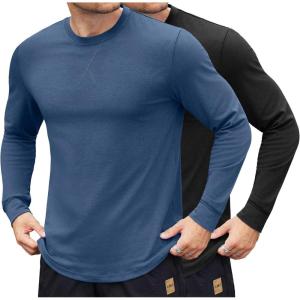imageCOOFANDY Mens Cotton Hipster Hip Hop Longline Crewneck T Shirts Casual Long Sleeve Tees Curved Hem Gym ShirtsTwo Pack Black  Blue