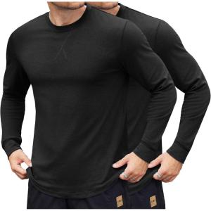 imageCOOFANDY Mens Cotton Hipster Hip Hop Longline Crewneck T Shirts Casual Long Sleeve Tees Curved Hem Gym ShirtsTwo Pack Black  Dark Grey