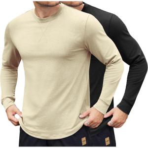 imageCOOFANDY Mens Cotton Hipster Hip Hop Longline Crewneck T Shirts Casual Long Sleeve Tees Curved Hem Gym ShirtsTwo Pack Black  Light Khaki