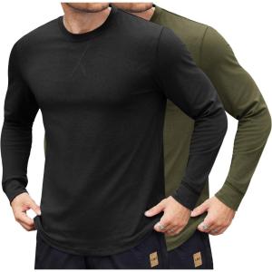 imageCOOFANDY Mens Cotton Hipster Hip Hop Longline Crewneck T Shirts Casual Long Sleeve Tees Curved Hem Gym ShirtsTwo Pack Black  Olive