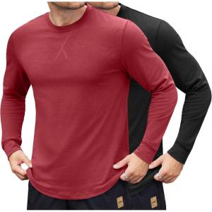 imageCOOFANDY Mens Cotton Hipster Hip Hop Longline Crewneck T Shirts Casual Long Sleeve Tees Curved Hem Gym ShirtsTwo Pack Black  Wine Red