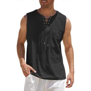 imageCOOFANDY Mens Cotton Linen Tank Top Shirts Casual Sleeveless Lace Up Beach Hippie Tops Bohemian Renaissance Pirate TunicBlack