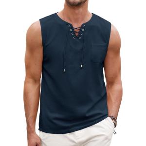 imageCOOFANDY Mens Cotton Linen Tank Top Shirts Casual Sleeveless Lace Up Beach Hippie Tops Bohemian Renaissance Pirate TunicBlue