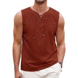 imageCOOFANDY Mens Cotton Linen Tank Top Shirts Casual Sleeveless Lace Up Beach Hippie Tops Bohemian Renaissance Pirate TunicBrick
