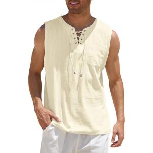 imageCOOFANDY Mens Cotton Linen Tank Top Shirts Casual Sleeveless Lace Up Beach Hippie Tops Bohemian Renaissance Pirate TunicCream