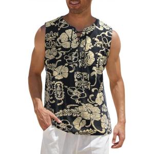 imageCOOFANDY Mens Cotton Linen Tank Top Shirts Casual Sleeveless Lace Up Beach Hippie Tops Bohemian Renaissance Pirate TunicFlower Leaf