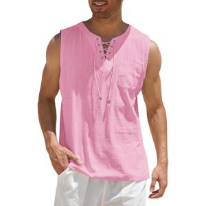 imageCOOFANDY Mens Cotton Linen Tank Top Shirts Casual Sleeveless Lace Up Beach Hippie Tops Bohemian Renaissance Pirate TunicPink