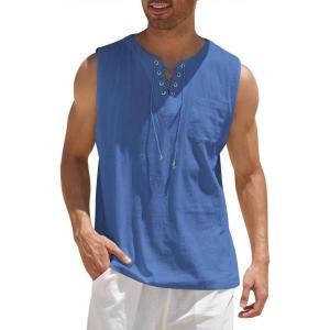 imageCOOFANDY Mens Cotton Linen Tank Top Shirts Casual Sleeveless Lace Up Beach Hippie Tops Bohemian Renaissance Pirate TunicRoyal Blue