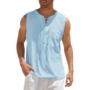 imageCOOFANDY Mens Cotton Linen Tank Top Shirts Casual Sleeveless Lace Up Beach Hippie Tops Bohemian Renaissance Pirate TunicSky Blue