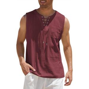 imageCOOFANDY Mens Cotton Linen Tank Top Shirts Casual Sleeveless Lace Up Beach Hippie Tops Bohemian Renaissance Pirate TunicWine Red