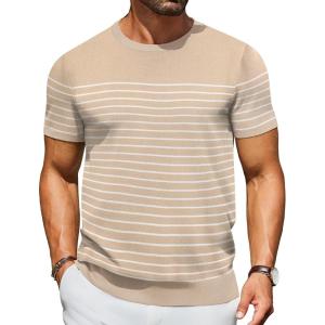 imageCOOFANDY Mens Crewneck Sweater Short Sleeve Casual Basic Tops Classic Fashion Knit Pullover TeesStripe  Khaki