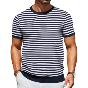 imageCOOFANDY Mens Crewneck Sweater Short Sleeve Casual Basic Tops Classic Fashion Knit Pullover TeesStripe  Navy