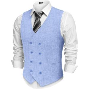 imageCOOFANDY Mens Double Breasted Suit Vest Lightweight Waistcoat Slim Fit Dress VestLight Blue