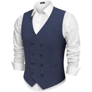 imageCOOFANDY Mens Double Breasted Suit Vest Lightweight Waistcoat Slim Fit Dress VestNavy Blue