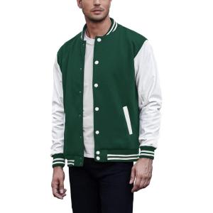 imageCOOFANDY Mens Fashion Varsity Jackets Leather Sleeve Slim Fit College Baseball Letterman Bomber CoatGreen