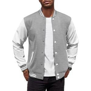 imageCOOFANDY Mens Fashion Varsity Jackets Leather Sleeve Slim Fit College Baseball Letterman Bomber CoatGrey