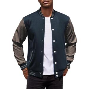 imageCOOFANDY Mens Fashion Varsity Jackets Leather Sleeve Slim Fit College Baseball Letterman Bomber CoatNavygrey