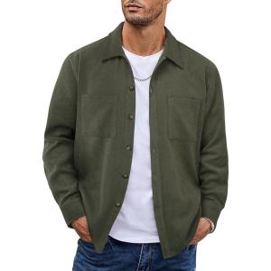 imageCOOFANDY Mens Flannel Shirts Casual Button Down Plaid Shirt Jacket Long Sleeve Fleece Shacket with PocketsSolid  Army Green