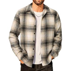 imageCOOFANDY Mens Flannel Shirts Casual Button Down Plaid Shirt Jacket Long Sleeve Fleece ShacketBlackbeige Plaid