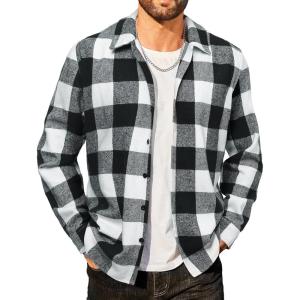 imageCOOFANDY Mens Flannel Shirts Casual Button Down Plaid Shirt Jacket Long Sleeve Fleece ShacketBlackwhite Plaid