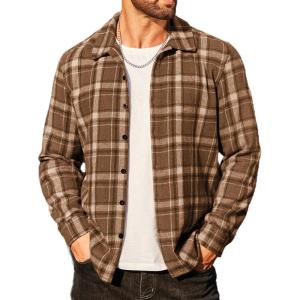 imageCOOFANDY Mens Flannel Shirts Casual Button Down Plaid Shirt Jacket Long Sleeve Fleece ShacketBrownwhite Plaid
