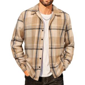 imageCOOFANDY Mens Flannel Shirts Casual Button Down Plaid Shirt Jacket Long Sleeve Fleece ShacketKhakibeige Plaid