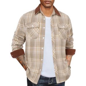 imageCOOFANDY Mens Flannel Shirts Long Sleeve Fleece Plaid Jacket Casual Stylish Button Down Shirts with PocketsLight Khaki