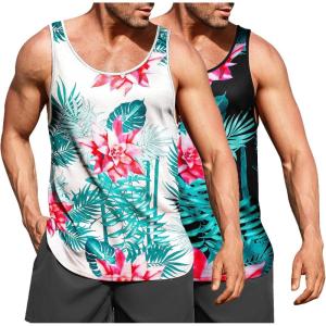 imageCOOFANDY Mens Floral Tank Top Sleeveless Tees All Over Print Casual Sport TShirts Hawaii Beach Vacation2 PackblackWhite