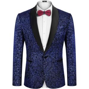 imageCOOFANDY Mens Floral Tuxedo Jacket Jacquard Suit Jacket Slim Fit Blazer for Wedding Prom DinnerBlue