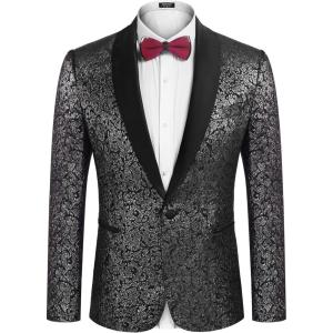 imageCOOFANDY Mens Floral Tuxedo Jacket Jacquard Suit Jacket Slim Fit Blazer for Wedding Prom DinnerSilver