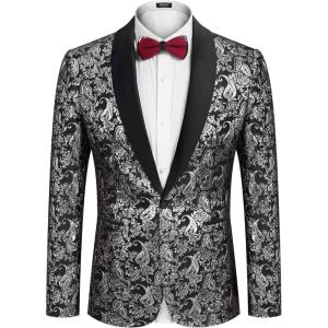 imageCOOFANDY Mens Floral Tuxedo Jacket Jacquard Suit Jacket Slim Fit Blazer for Wedding Prom DinnerType02silver