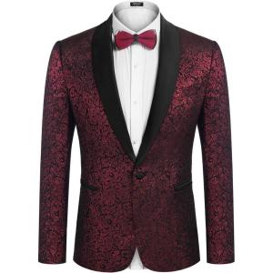 imageCOOFANDY Mens Floral Tuxedo Jacket Jacquard Suit Jacket Slim Fit Blazer for Wedding Prom DinnerWine Red