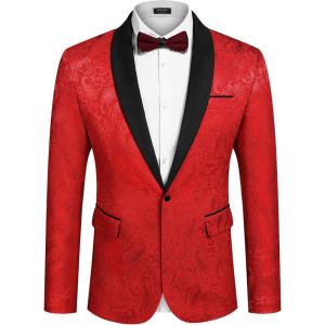 imageCOOFANDY Mens Floral Tuxedo Jacket Paisley Shawl Lapel Stylish Suit Blazer Jacket for Wedding Dinner Party PromRed