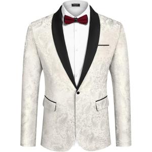 imageCOOFANDY Mens Floral Tuxedo Jacket Paisley Shawl Lapel Stylish Suit Blazer Jacket for Wedding Dinner Party PromWhite