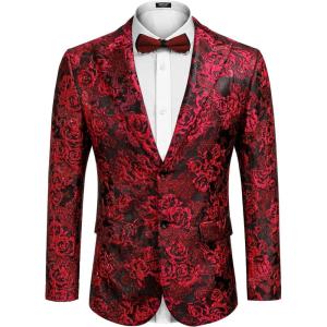 imageCOOFANDY Mens Floral Tuxedo Jacket Rose Embroidered Suit Jacket Wedding Prom Dinner Party BlazerRed