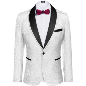 imageCOOFANDY Mens Floral Tuxedo Suit Jacket Slim Fit Dinner Jacket Party Prom Wedding Blazer JacketsWhite Jacquard 