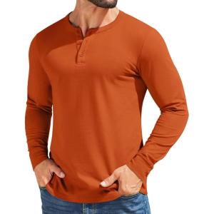 imageCOOFANDY Mens Henley Shirts Cotton Long Sleeve V Neck Button Basic Tees Plain Casual PulloverCaramel