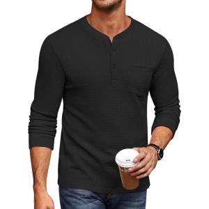 imageCOOFANDY Mens Henley Shirts Long Sleeve Basic Waffle Pique Pullover TShirt with PocketBlack