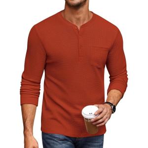 imageCOOFANDY Mens Henley Shirts Long Sleeve Basic Waffle Pique Pullover TShirt with PocketCaramel