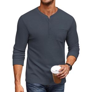 imageCOOFANDY Mens Henley Shirts Long Sleeve Basic Waffle Pique Pullover TShirt with PocketDark Grey