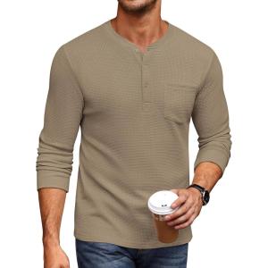 imageCOOFANDY Mens Henley Shirts Long Sleeve Basic Waffle Pique Pullover TShirt with PocketKhaki