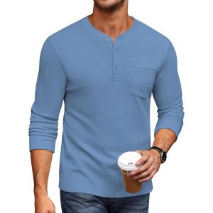 imageCOOFANDY Mens Henley Shirts Long Sleeve Basic Waffle Pique Pullover TShirt with PocketLake Blue