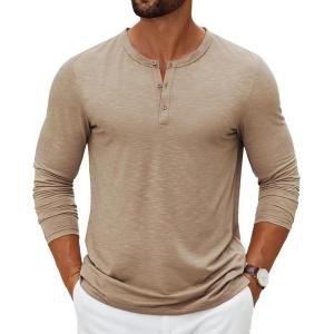 imageCOOFANDY Mens Henley Shirts Long Sleeve Casual Pullover TShirt Fashion Basic Button ShirtstKhaki