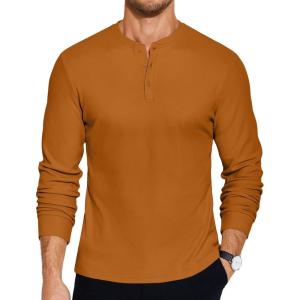 imageCOOFANDY Mens Henley TShirts Long Sleeve Pullover Shirt Casual Heavyweight Button Shirts Basic TeesCaramel Brown