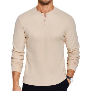 imageCOOFANDY Mens Henley TShirts Long Sleeve Pullover Shirt Casual Heavyweight Button Shirts Basic TeesKhaki