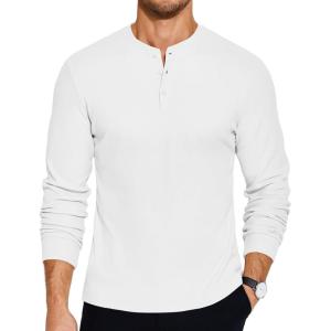 imageCOOFANDY Mens Henley TShirts Long Sleeve Pullover Shirt Casual Heavyweight Button Shirts Basic TeesWhite