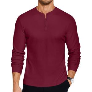 imageCOOFANDY Mens Henley TShirts Long Sleeve Pullover Shirt Casual Heavyweight Button Shirts Basic TeesWine Red